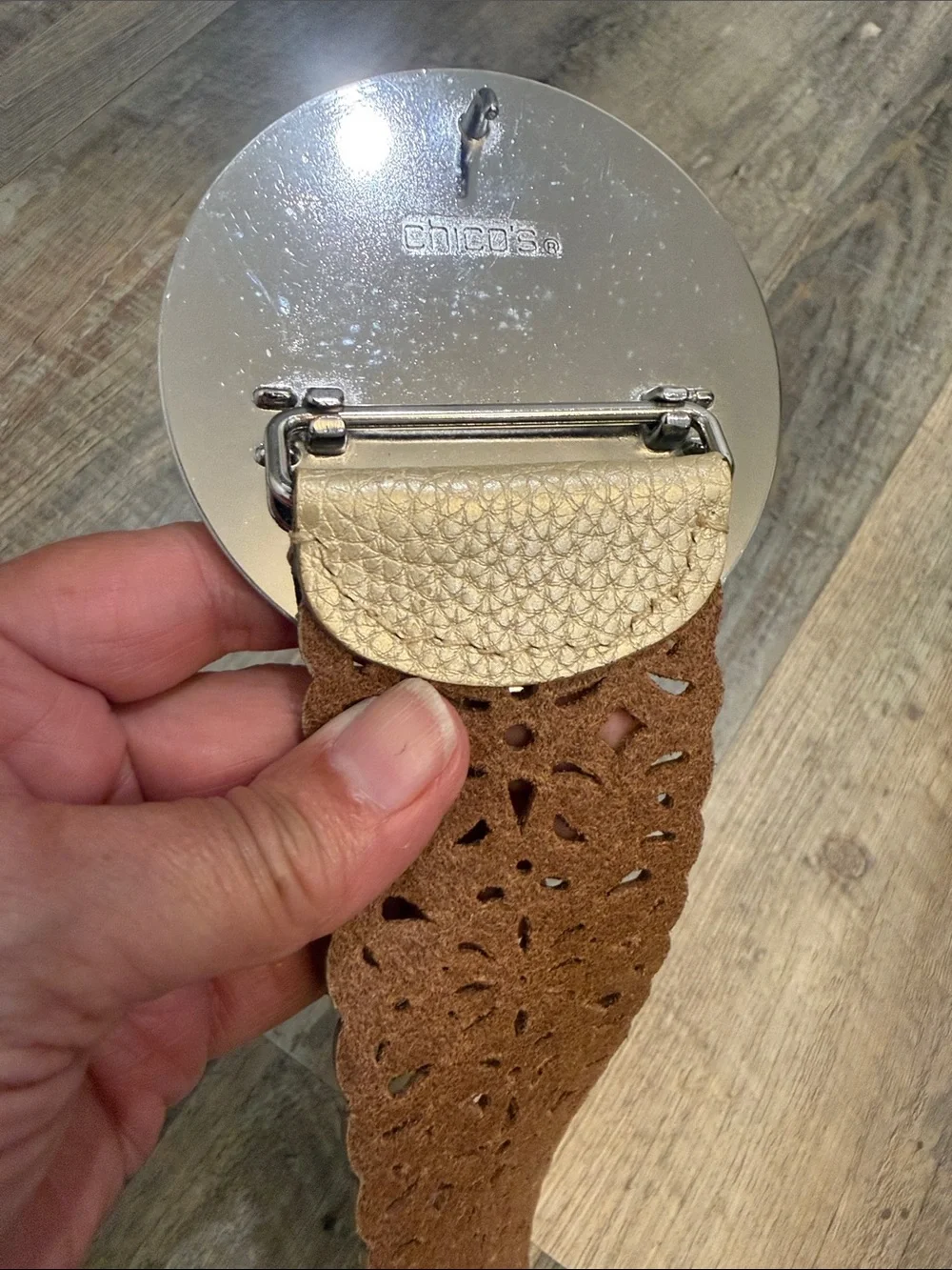 Chico's Cream Laser-Cut Floral Waist Belt with Round Decorative Buckle